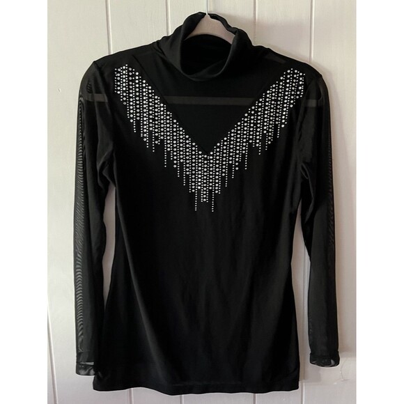 Women's Rhinestone V Turtleneck Mesh Neck and Long Sleeves Blouse Size Medium - Picture 1 of 3